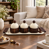3-Piece Wooden Candy Bowl Set with Metal Tray Brown and Cream - 40×18cm