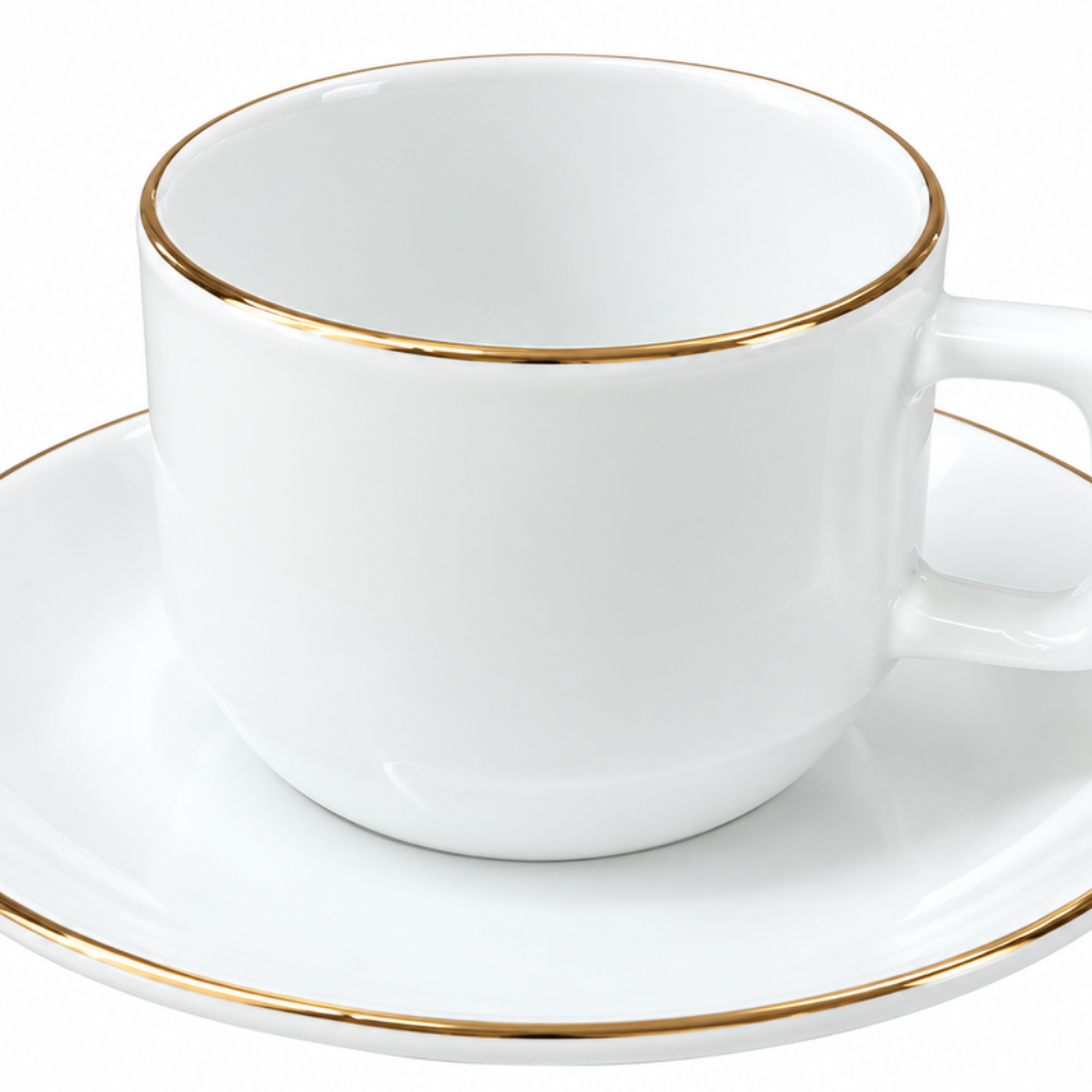 White Cup and Saucer Set with Gold Rim - 180ml