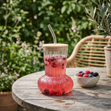 Ribbed Glass Bottle with Lid & Straw - 500ml