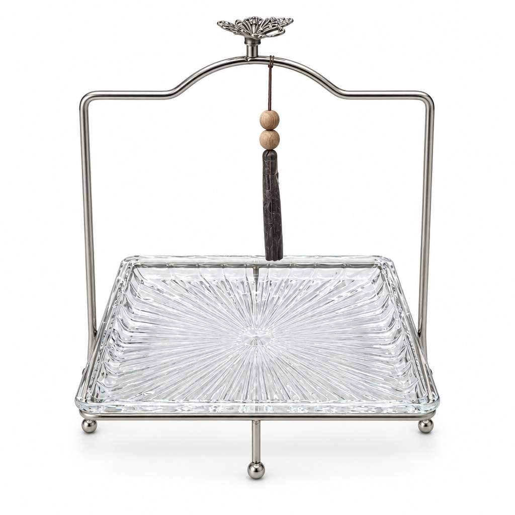 Glass Tray with Silver-Tone Metal Stand - 25×25cm