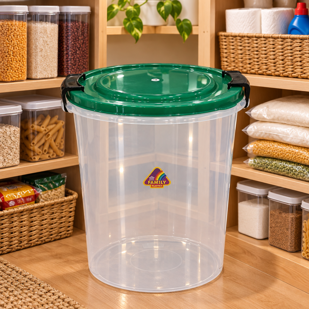 Family Plastic Storage Basket with Locking Lid - 25Litres - Green / Red / Blue
