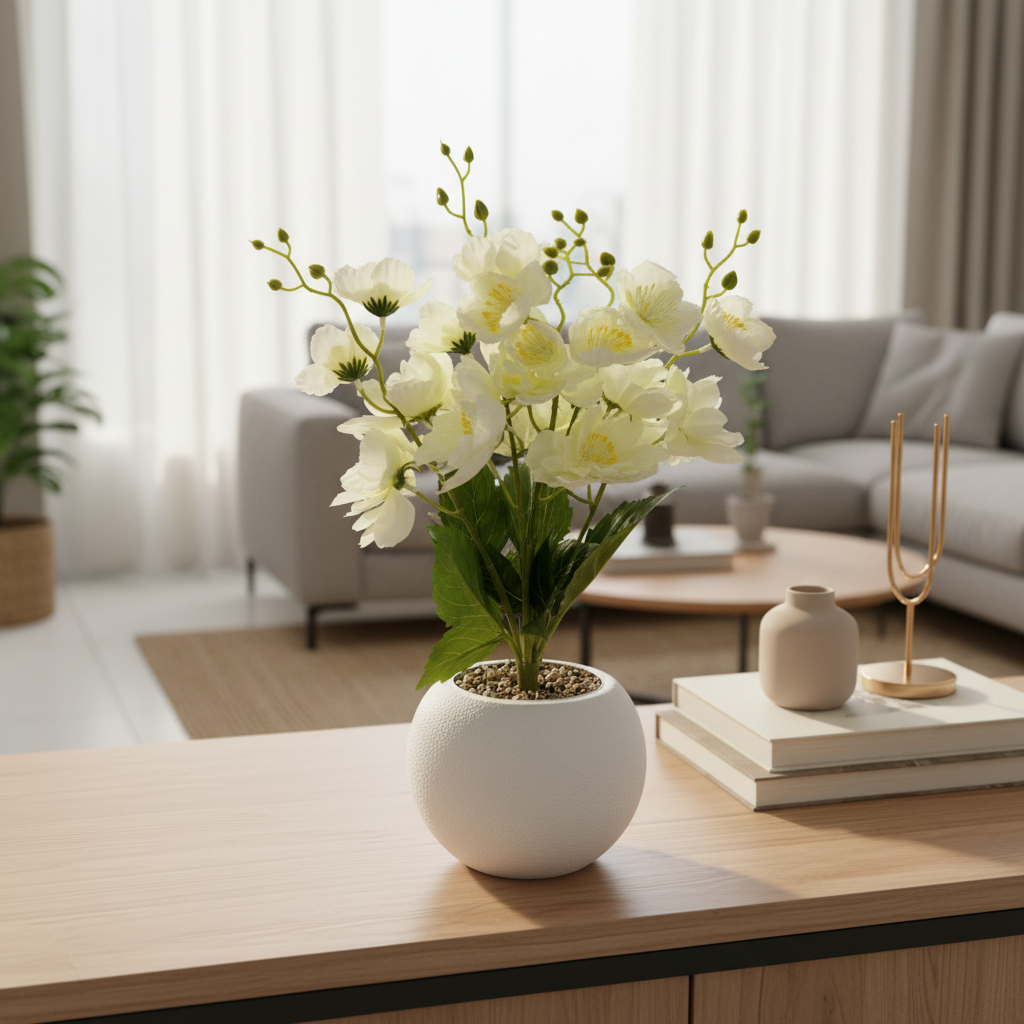 Artificial Flower Plant White with White Plastic Pot - 40cm