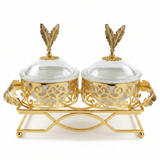 Elegant 2 - Section White Ceramic Candy Bowl with Luxury Gold Metal Holder & Lid – Premium Serving Tray for Chocolates Snacks and Dry Fruits 25×12 cm - Al Kabayel Discount CentreElegant 2 - Section White Ceramic Candy Bowl with Luxury Gold Metal Holder & Lid – Premium Serving Tray for Chocolates Snacks and Dry Fruits 25×12 cmJars & Food SaversAKDCAl Kabayel Discount Centre