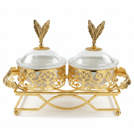 Elegant 2 - Section White Ceramic Candy Bowl with Luxury Gold Metal Holder & Lid – Premium Serving Tray for Chocolates Snacks and Dry Fruits 25×12 cm - Al Kabayel Discount CentreElegant 2 - Section White Ceramic Candy Bowl with Luxury Gold Metal Holder & Lid – Premium Serving Tray for Chocolates Snacks and Dry Fruits 25×12 cmJars & Food SaversAKDCAl Kabayel Discount Centre
