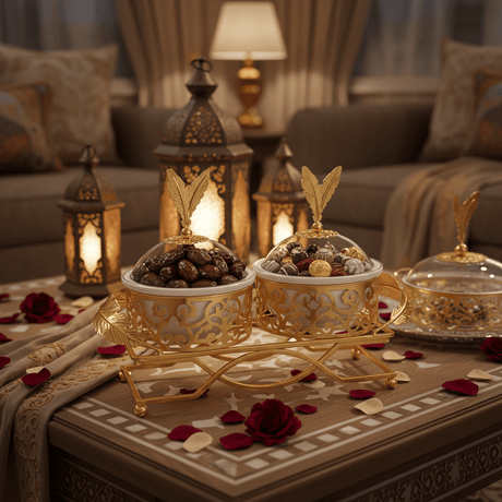 Elegant 2 - Section White Ceramic Candy Bowl with Luxury Gold Metal Holder & Lid – Premium Serving Tray for Chocolates Snacks and Dry Fruits 25×12 cm - Al Kabayel Discount CentreElegant 2 - Section White Ceramic Candy Bowl with Luxury Gold Metal Holder & Lid – Premium Serving Tray for Chocolates Snacks and Dry Fruits 25×12 cmJars & Food SaversAKDCAl Kabayel Discount Centre