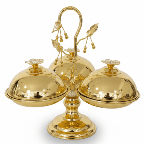 Elegant 3 - Section Gold Candy Serving Bowl with Lid – Footed Design for Nuts, Sweets & Dry Fruits – 17 × 33 cm - Al Kabayel Discount CentreElegant 3 - Section Gold Candy Serving Bowl with Lid – Footed Design for Nuts, Sweets & Dry Fruits – 17 × 33 cmServing TraysAKDCAl Kabayel Discount Centre