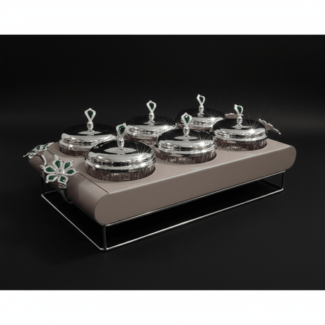Elegant 6 - Section Glass Candy Bowl with Beige Metal Holder & Silver Lid – Luxury Serving Tray for Nuts Chocolates Dates and Dry Fruits 35×24 cm - Al Kabayel Discount CentreElegant 6 - Section Glass Candy Bowl with Beige Metal Holder & Silver Lid – Luxury Serving Tray for Nuts Chocolates Dates and Dry Fruits 35×24 cmJars & Food SaversAKDCAl Kabayel Discount Centre
