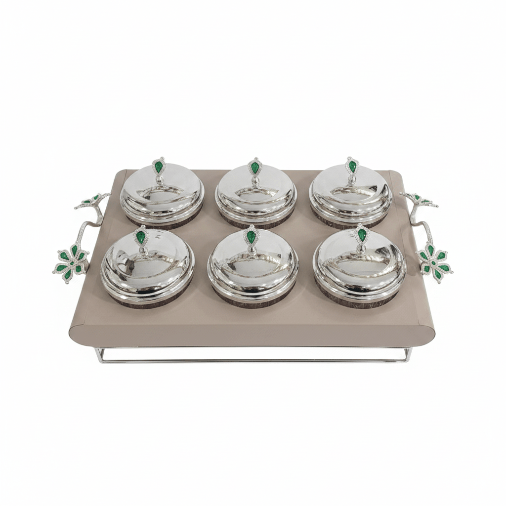 Elegant 6 - Section Glass Candy Bowl with Beige Metal Holder & Silver Lid – Luxury Serving Tray for Nuts Chocolates Dates and Dry Fruits 35×24 cm - Al Kabayel Discount CentreElegant 6 - Section Glass Candy Bowl with Beige Metal Holder & Silver Lid – Luxury Serving Tray for Nuts Chocolates Dates and Dry Fruits 35×24 cmJars & Food SaversAKDCAl Kabayel Discount Centre