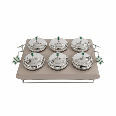 Elegant 6 - Section Glass Candy Bowl with Beige Metal Holder & Silver Lid – Luxury Serving Tray for Nuts Chocolates Dates and Dry Fruits 35×24 cm - Al Kabayel Discount CentreElegant 6 - Section Glass Candy Bowl with Beige Metal Holder & Silver Lid – Luxury Serving Tray for Nuts Chocolates Dates and Dry Fruits 35×24 cmJars & Food SaversAKDCAl Kabayel Discount Centre