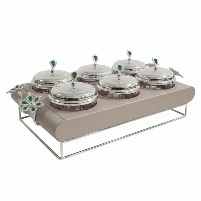 Elegant 6 - Section Glass Candy Bowl with Beige Metal Holder & Silver Lid – Luxury Serving Tray for Nuts Chocolates Dates and Dry Fruits 35×24 cm - Al Kabayel Discount CentreElegant 6 - Section Glass Candy Bowl with Beige Metal Holder & Silver Lid – Luxury Serving Tray for Nuts Chocolates Dates and Dry Fruits 35×24 cmJars & Food SaversAKDCAl Kabayel Discount Centre