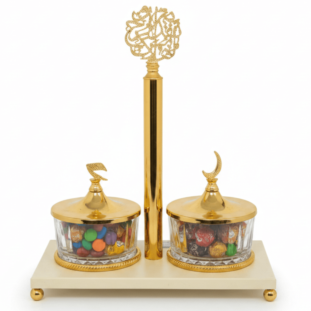 Elegant Majlis Dual Glass Candy Bowl with Cream Metal Stand & Decorative Gold Lid – Premium Serving Dish for Nuts Dates and Chocolates 25×13 cm - Al Kabayel Discount CentreElegant Majlis Dual Glass Candy Bowl with Cream Metal Stand & Decorative Gold Lid – Premium Serving Dish for Nuts Dates and Chocolates 25×13 cmJars & Food SaversAKDCAl Kabayel Discount Centre