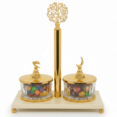Elegant Majlis Dual Glass Candy Bowl with Cream Metal Stand & Decorative Gold Lid – Premium Serving Dish for Nuts Dates and Chocolates 25×13 cm - Al Kabayel Discount CentreElegant Majlis Dual Glass Candy Bowl with Cream Metal Stand & Decorative Gold Lid – Premium Serving Dish for Nuts Dates and Chocolates 25×13 cmJars & Food SaversAKDCAl Kabayel Discount Centre