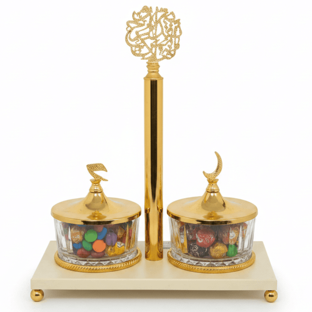 Elegant Majlis Dual Glass Candy Bowl with Cream Metal Stand & Decorative Gold Lid – Premium Serving Dish for Nuts Dates and Chocolates 25×13 cm - Al Kabayel Discount CentreElegant Majlis Dual Glass Candy Bowl with Cream Metal Stand & Decorative Gold Lid – Premium Serving Dish for Nuts Dates and Chocolates 25×13 cmJars & Food SaversAKDCAl Kabayel Discount Centre
