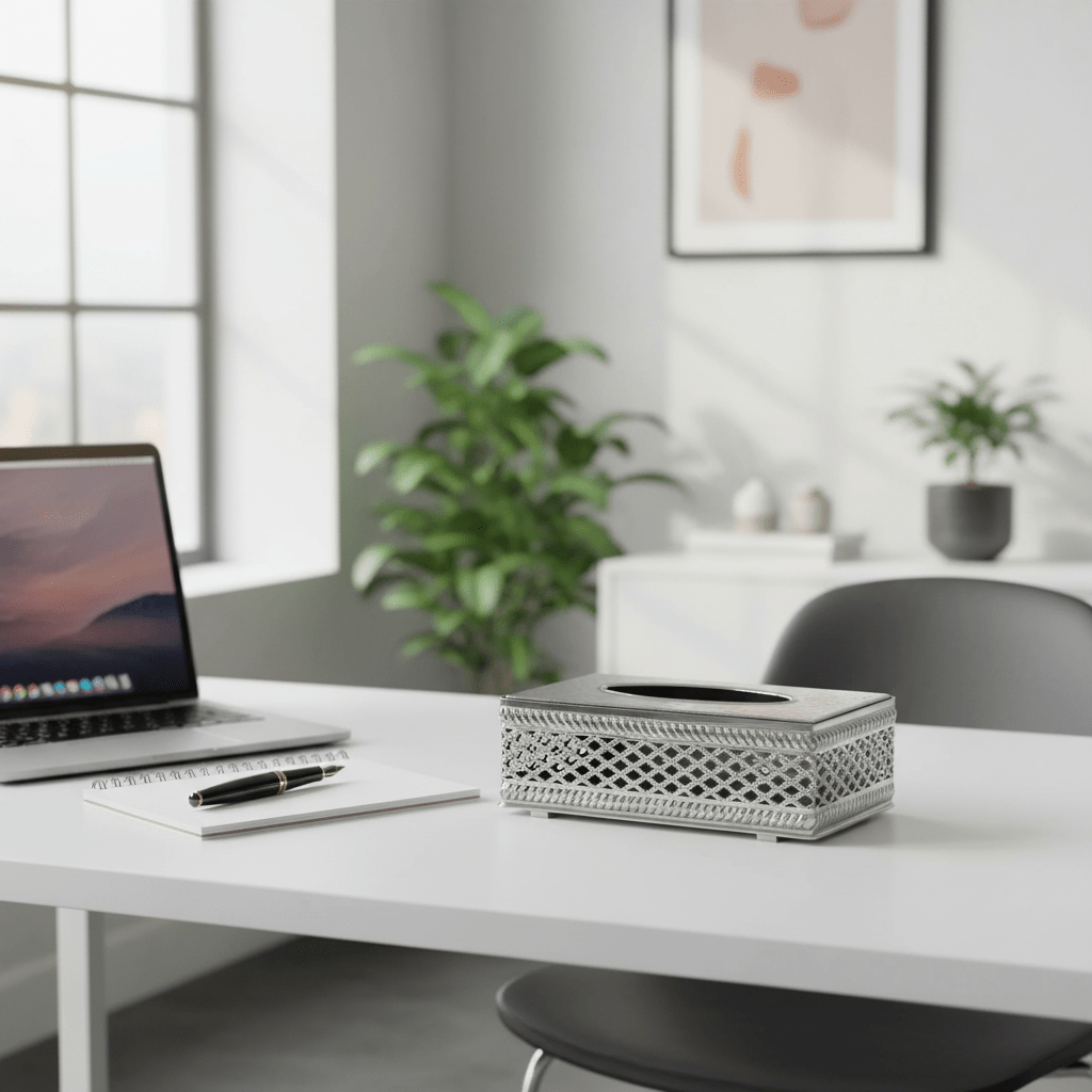Elegant Silver Metal Tissue Box with Premium Modern Decorative Design – Luxury Tissue Holder for Living Room Office and Majlis 22×12 cm - Al Kabayel Discount CentreElegant Silver Metal Tissue Box with Premium Modern Decorative Design – Luxury Tissue Holder for Living Room Office and Majlis 22×12 cmNapkin Holders & Tissue BoxAKDCAl Kabayel Discount Centre