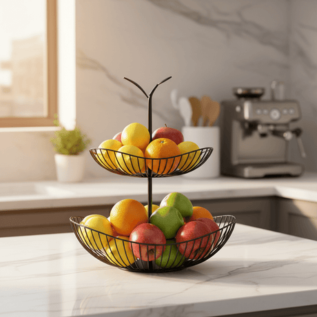 Emay Large 2 - Tier Black Metal Fruit Basket Stand for Kitchen Counter Storage and Fruit Display – 35cm - Al Kabayel Discount CentreEmay Large 2 - Tier Black Metal Fruit Basket Stand for Kitchen Counter Storage and Fruit Display – 35cmServing TraysEMAYAl Kabayel Discount Centre