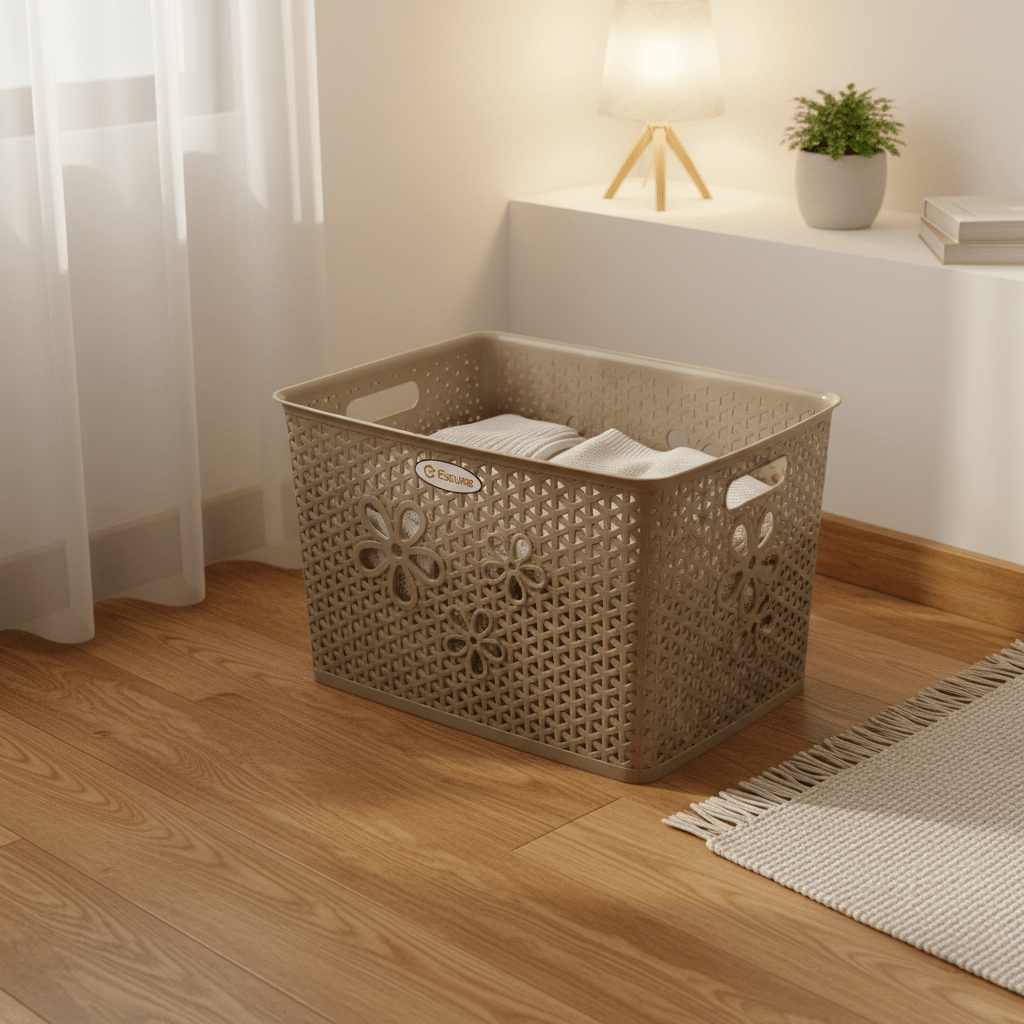 Esqube Plastic Laundry Basket with Floral Lattice Design - 25 × 40 × 33 cm - Brown / Beige / Light Blue / Grey - Al Kabayel Discount CentreEsqube Plastic Laundry Basket with Floral Lattice Design - 25 × 40 × 33 cm - Brown / Beige / Light Blue / GreyOrganizers & AccessoriesESQUBEAl Kabayel Discount Centre