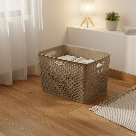 Esqube Plastic Laundry Basket with Floral Lattice Design - 25 × 40 × 33 cm - Brown / Beige / Light Blue / Grey - Al Kabayel Discount CentreEsqube Plastic Laundry Basket with Floral Lattice Design - 25 × 40 × 33 cm - Brown / Beige / Light Blue / GreyOrganizers & AccessoriesESQUBEAl Kabayel Discount Centre