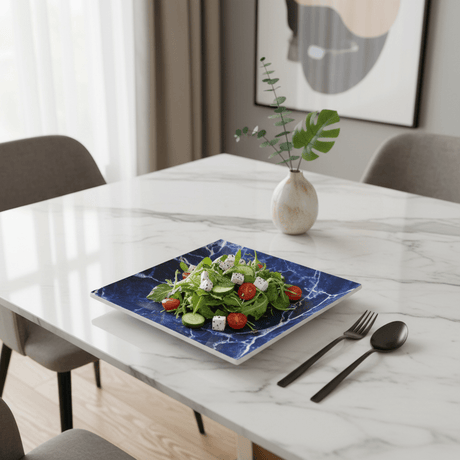 Evoset Premium Navy Blue Marble Print Square Melamine Plate Stylish Dining 28×28 cm - Al Kabayel Discount CentreEvoset Premium Navy Blue Marble Print Square Melamine Plate Stylish Dining 28×28 cmServing TraysEVOSETAl Kabayel Discount Centre