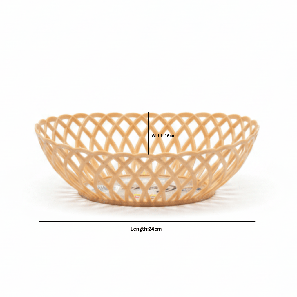 Exclusive Plastic Cane-Style Woven Design Oval Basket - 24×16 cm - Beige / Brown / White - Al Kabayel Discount CentreExclusive Plastic Cane-Style Woven Design Oval Basket - 24×16 cm - Beige / Brown / WhiteBucketsEXCLUSIVEAl Kabayel Discount Centre