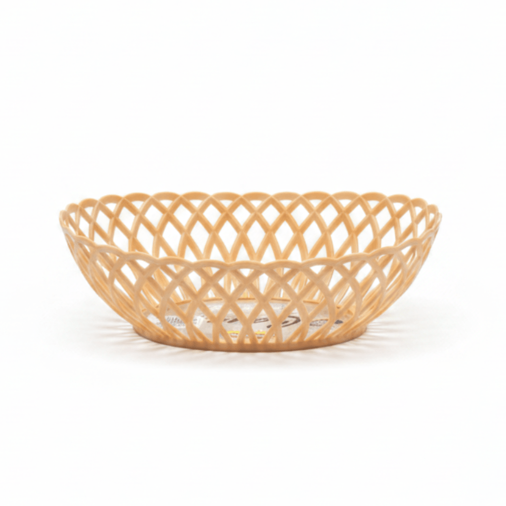 Exclusive Plastic Cane-Style Woven Design Oval Basket - 33×25 cm - Beige / Dark Brown / White - Al Kabayel Discount CentreExclusive Plastic Cane-Style Woven Design Oval Basket - 33×25 cm - Beige / Dark Brown / WhiteBucketsEXCLUSIVEAl Kabayel Discount Centre