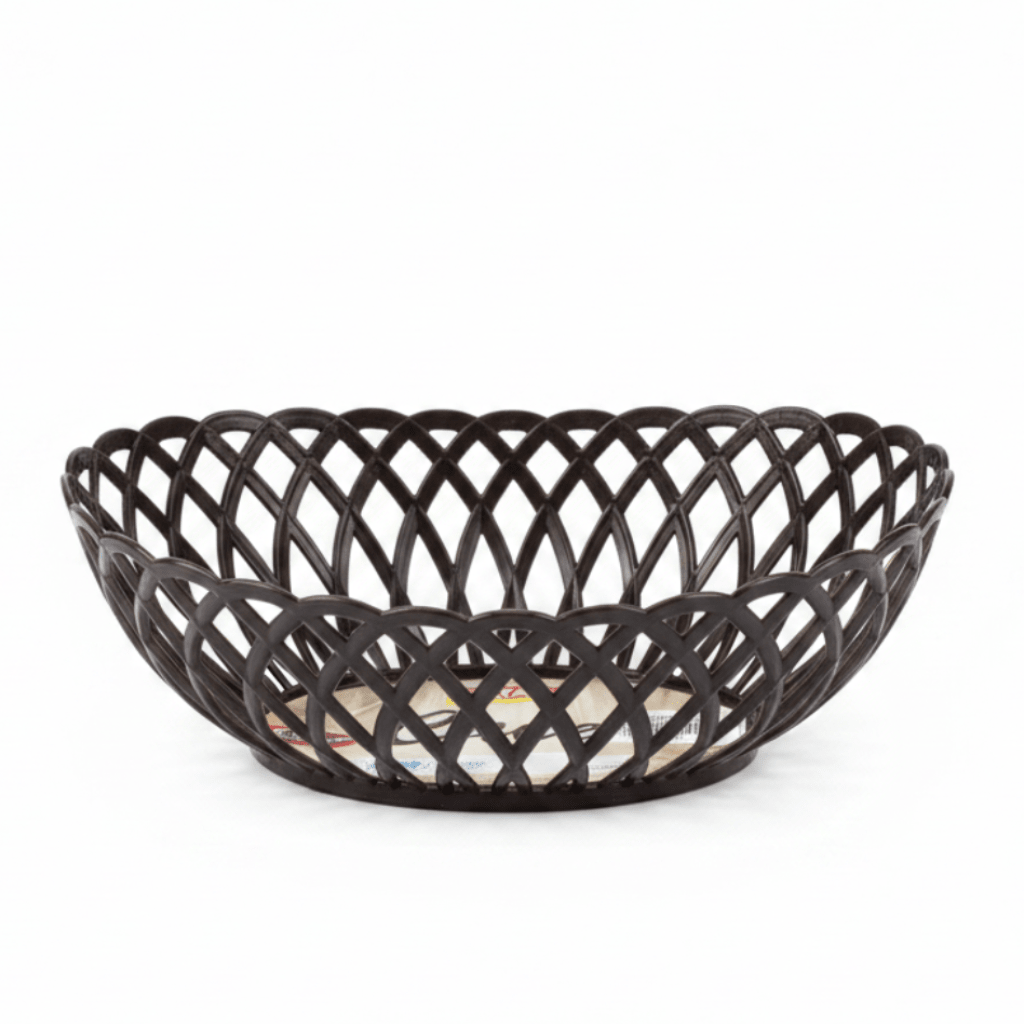 Exclusive Plastic Cane-Style Woven Design Oval Basket - 33×25 cm - Beige / Dark Brown / White - Al Kabayel Discount CentreExclusive Plastic Cane-Style Woven Design Oval Basket - 33×25 cm - Beige / Dark Brown / WhiteBucketsEXCLUSIVEAl Kabayel Discount Centre