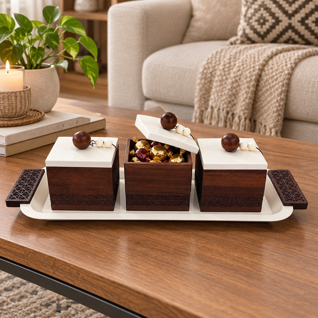 3-Piece Wooden Candy Bowl Set with Metal Tray Brown and Cream - 45×18cm