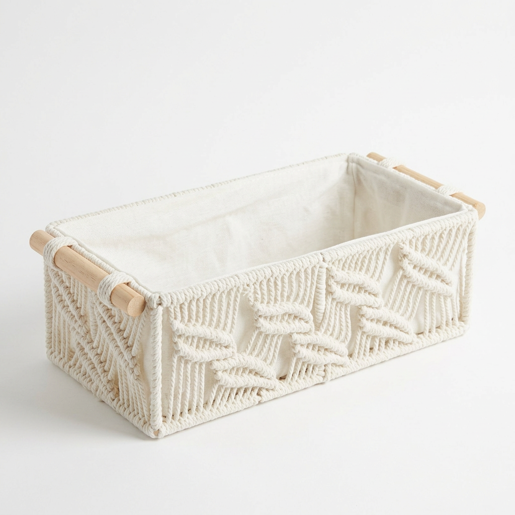 Rectangular Open Cloth Storage Box with Wooden Handles Cream  – 35×17cm