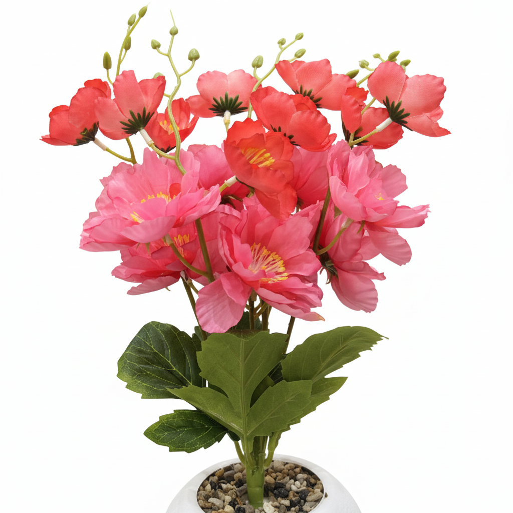 Artificial Flower Plant Pink with White Plastic Pot - 40cm