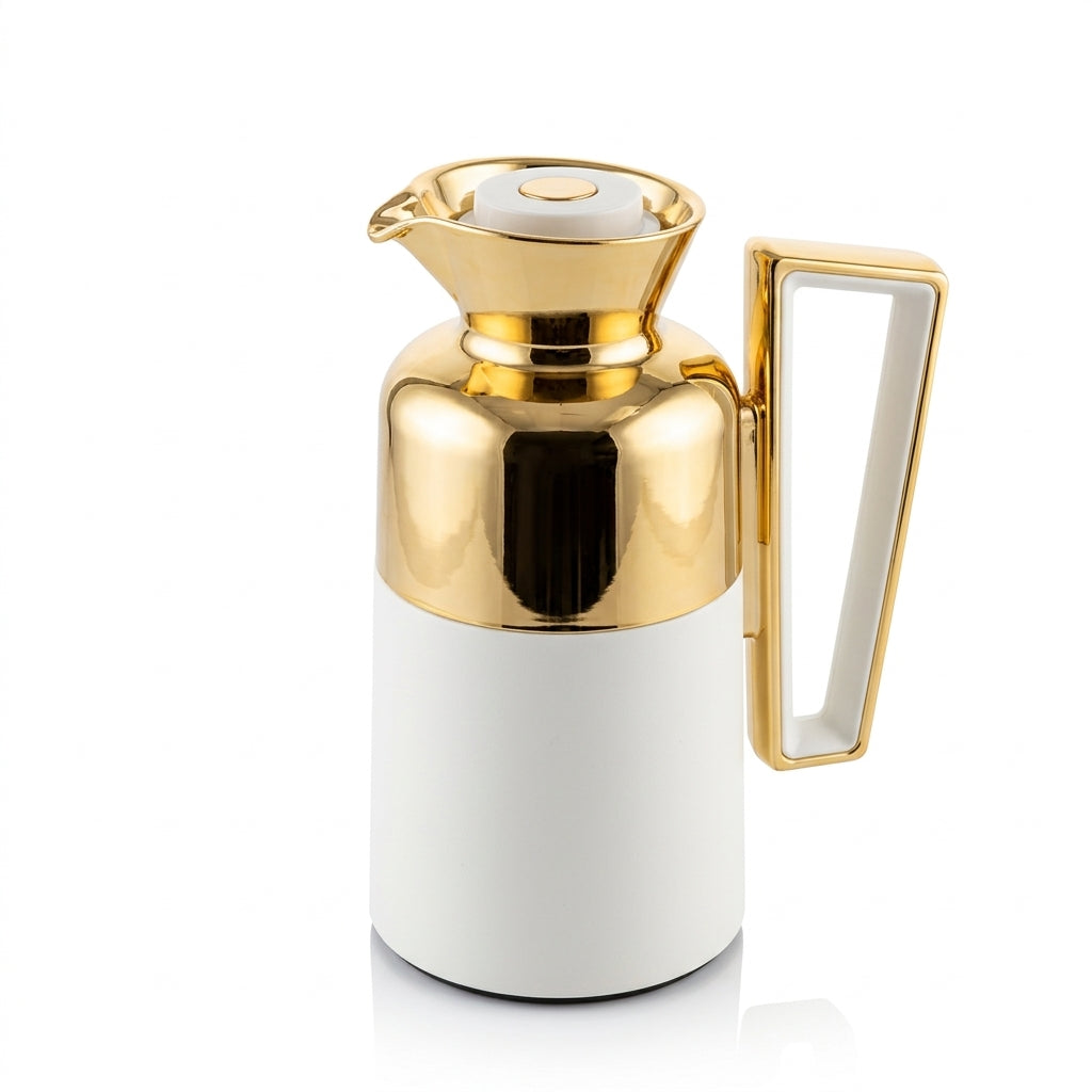Fursan Vacuum Flask Set, 0.7 Litre + 1 Litre, Matt White with Gold Accents