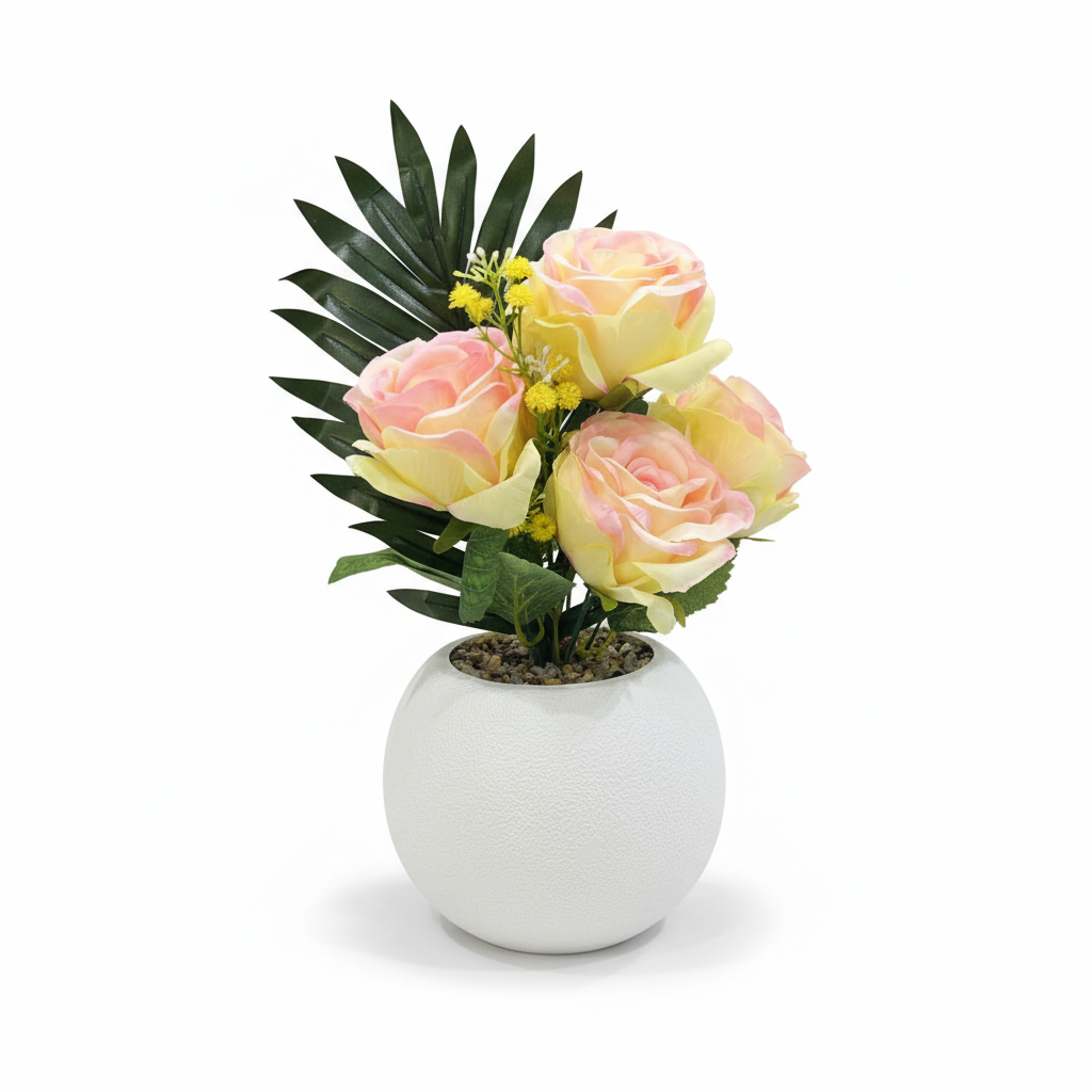 Artificial Rose Flower Plant Pink & Yellow with White Plastic Pot - 30cm