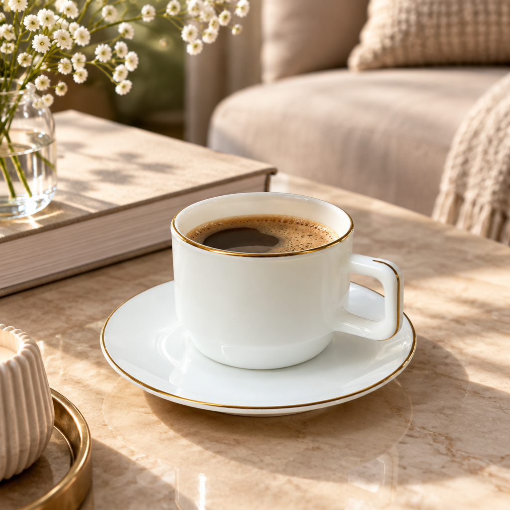 White Cup and Saucer Set with Gold Rim - 180ml