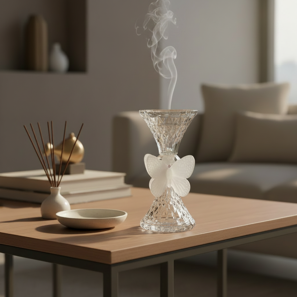 Clear Glass Incense Burner with White Butterfly Accent - 18 cm