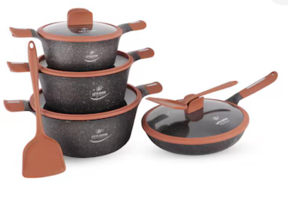 Life Smile  Dolphin Series 10pcs  Non-Stick Granite Coating Cookware Set Includes 6.3 Liter Soup Pot with Lid- 1pc, 4 Liter Soup Pot with Lid- 1pc, 2.3 Liter Soup Pot with Lid- 1pc, 2.7 Liter Fry Pan Lid- 1pc, 2pc Spoons, LIFEP14-10T2-DBrown