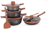 Life Smile  Dolphin Series 10pcs  Non-Stick Granite Coating Cookware Set Includes 6.3 Liter Soup Pot with Lid- 1pc, 4 Liter Soup Pot with Lid- 1pc, 2.3 Liter Soup Pot with Lid- 1pc, 2.7 Liter Fry Pan Lid- 1pc, 2pc Spoons, LIFEP14-10T2-DBrown