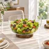 Danny Home Glass Salad Bowl with Wooden Base - 24cm