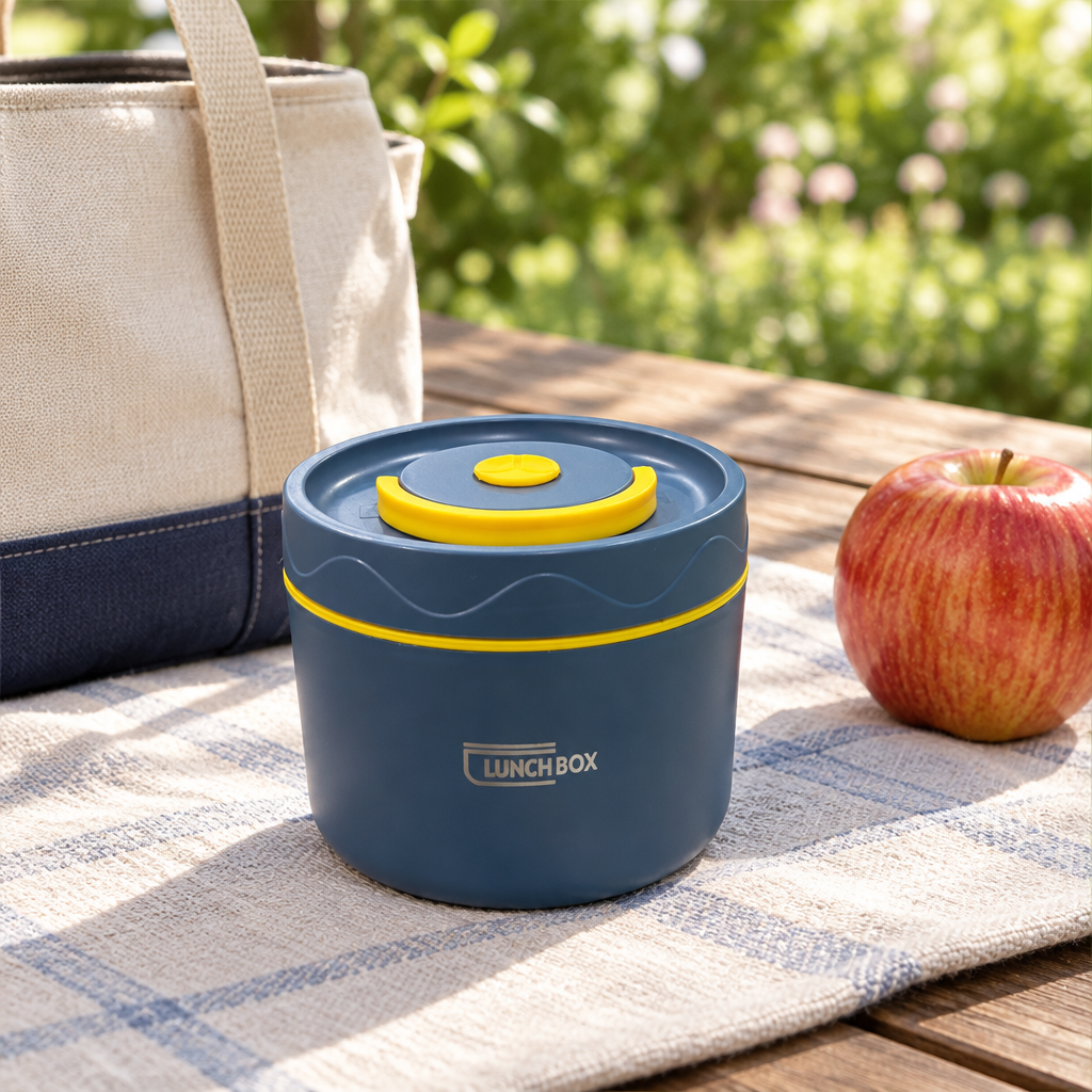 Plastic & Stainless Steel Round Lunch Box Blue – 10×10cm