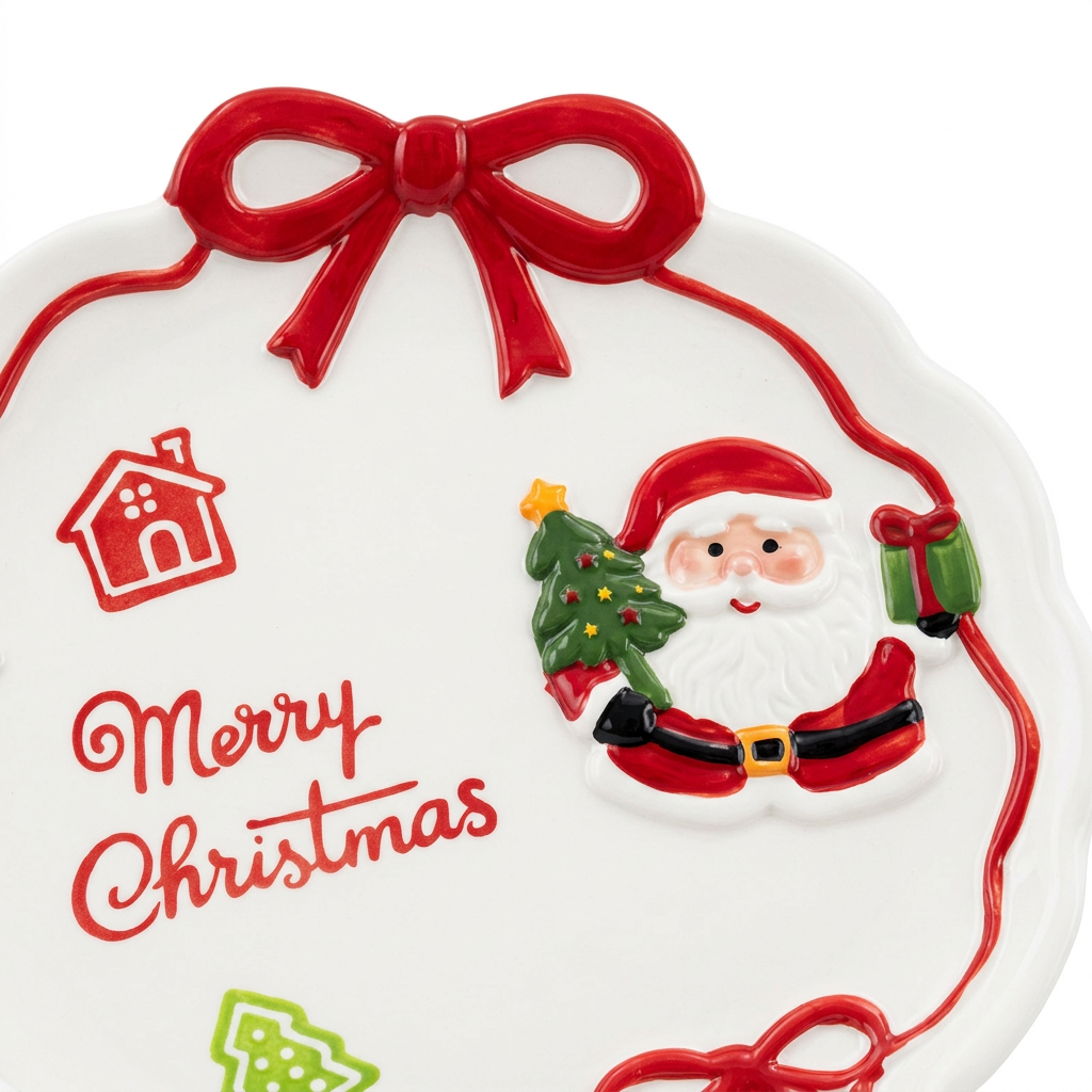 Ceramic Christmas Candy Plate with Bow Design - 21cm