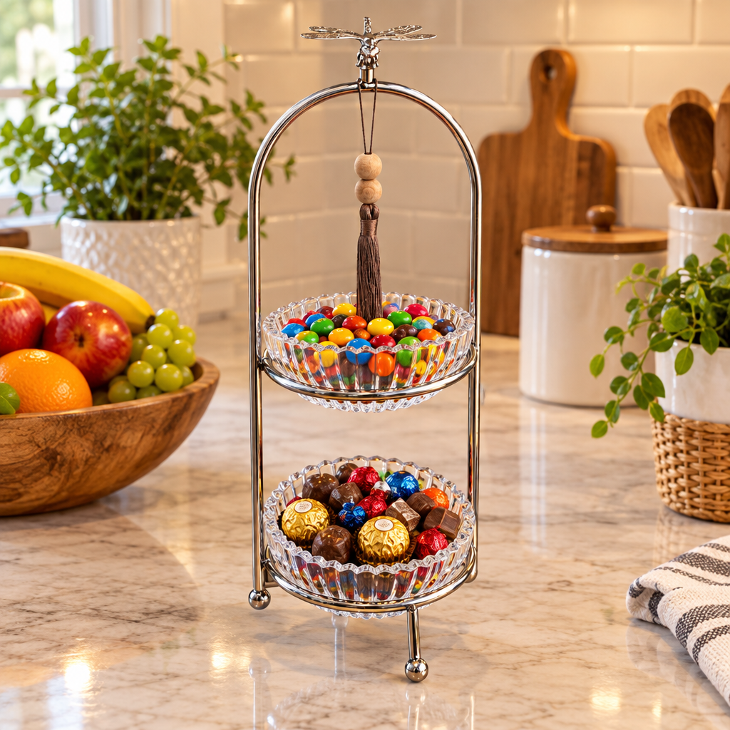 2-Tier Glass Candy Bowl with Metal Stand Silver - 12x33cm