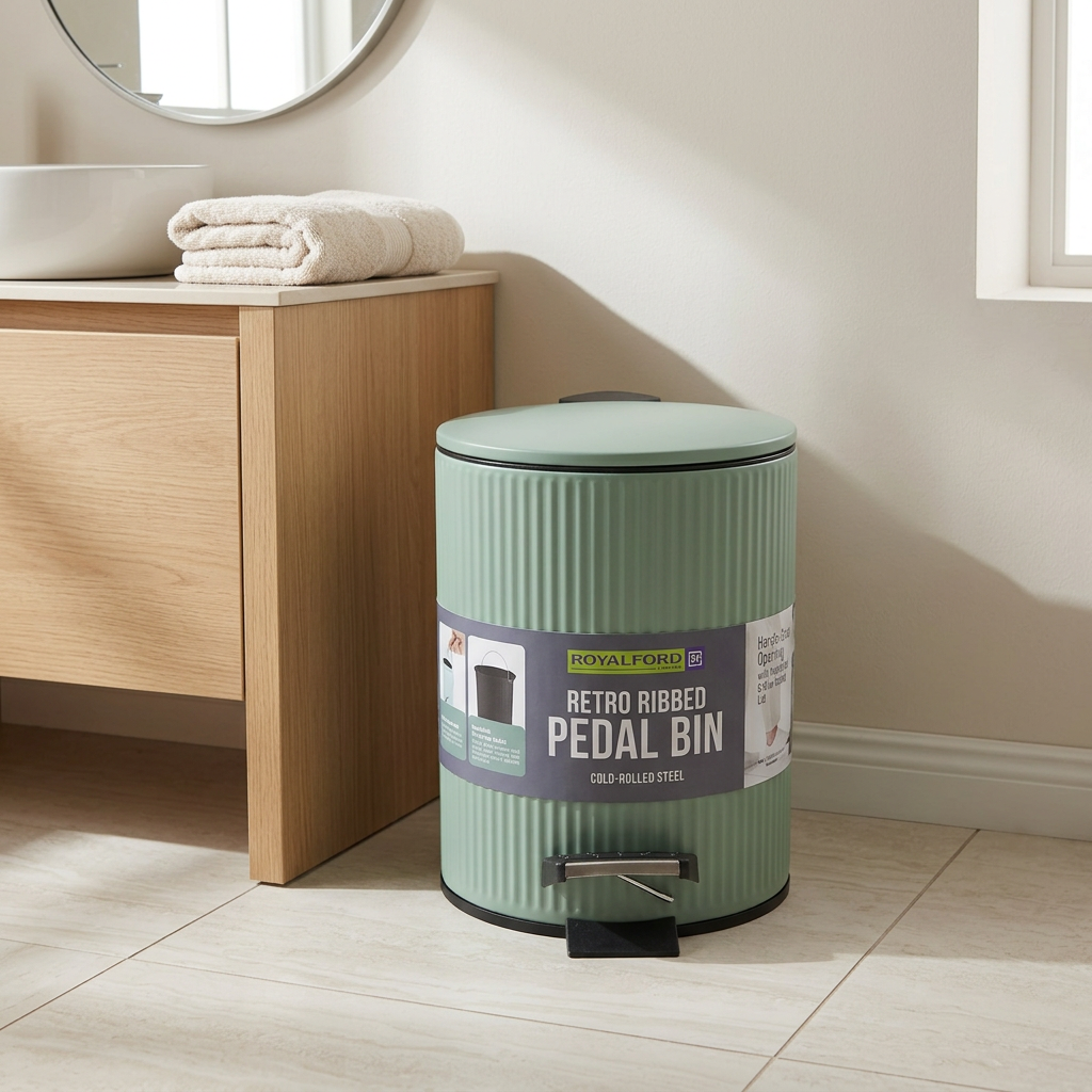 Royalford Retro Ribbed Pedal Dustbin Sage Green - 3 Litres