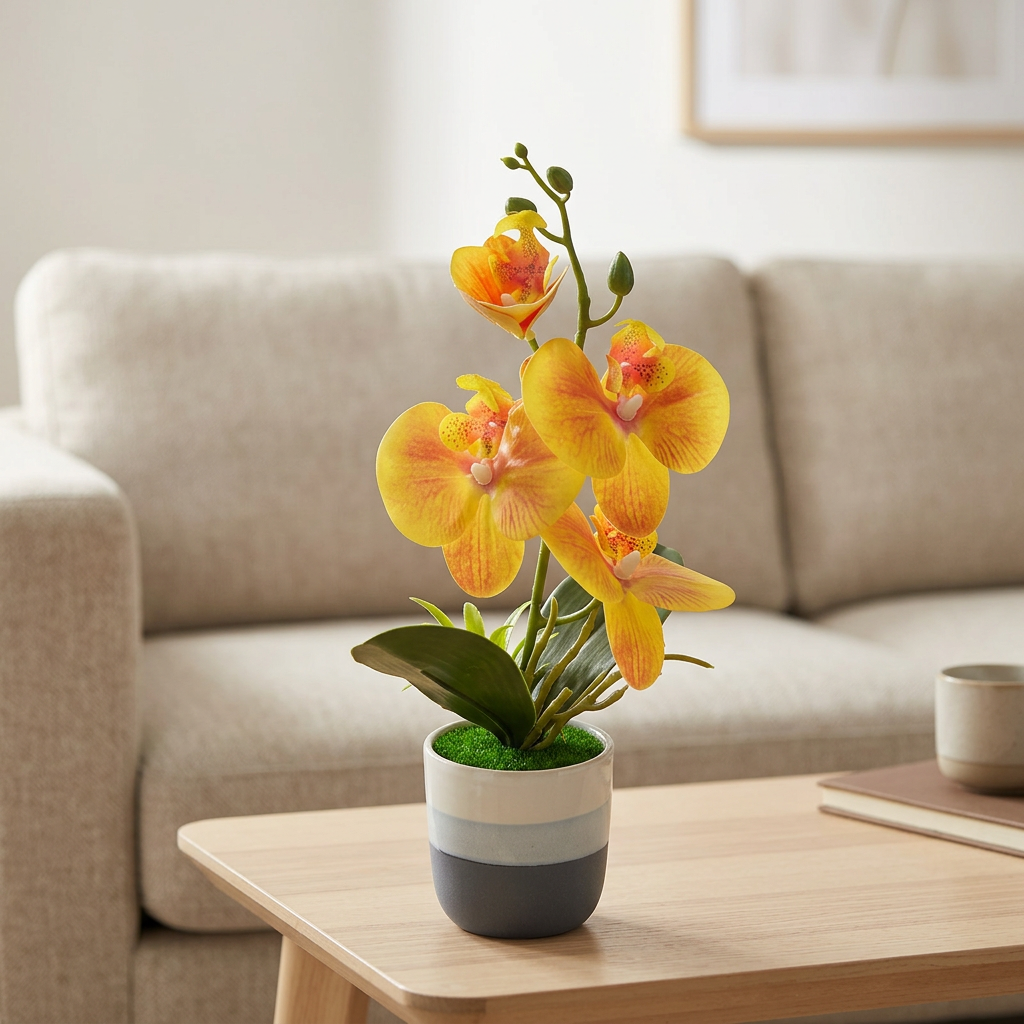 Artificial Yellow Orchid Flower Plant in Ceramic Pot - 30cm
