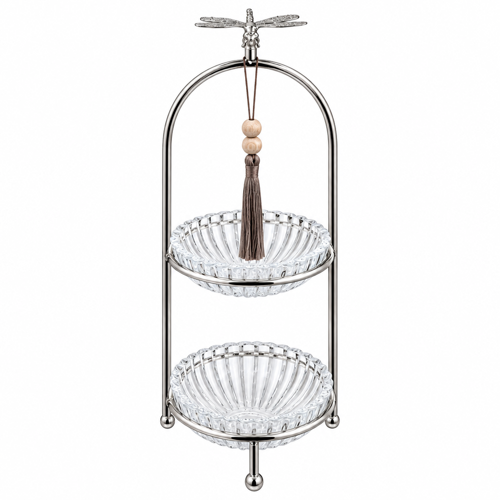 2-Tier Glass Candy Bowl with Metal Stand Silver - 12x33cm