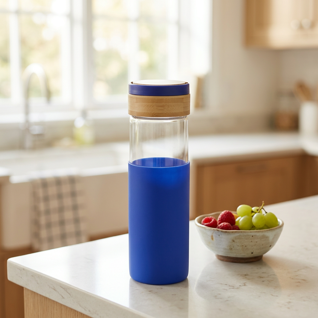Glass Water Bottle with Silicone Cover Blue - 1 Litre