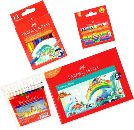 Faber - Castell A4 Drawing Book 120Gsm 36Sheets + Fiber Tip Colour Pen 12 Colour Pencils 12 Colours Half + Wax Crayons 12 Colours - Al Kabayel Discount CentreFaber - Castell A4 Drawing Book 120Gsm 36Sheets + Fiber Tip Colour Pen 12 Colour Pencils 12 Colours Half + Wax Crayons 12 ColoursColor PencilsFABER - CASTELLAl Kabayel Discount Centre