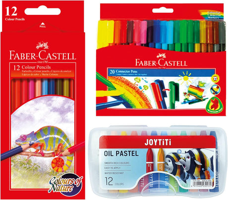 Faber-Castell Connector Color Pen 20 Colours + Colour Pencil 12 Colours + JoyTiti Oil Pastel 12 Colours – Complete Art Set - Al Kabayel Discount CentreFaber-Castell Connector Color Pen 20 Colours + Colour Pencil 12 Colours + JoyTiti Oil Pastel 12 Colours – Complete Art SetColor PencilsFABER-CASTELLAl Kabayel Discount Centre