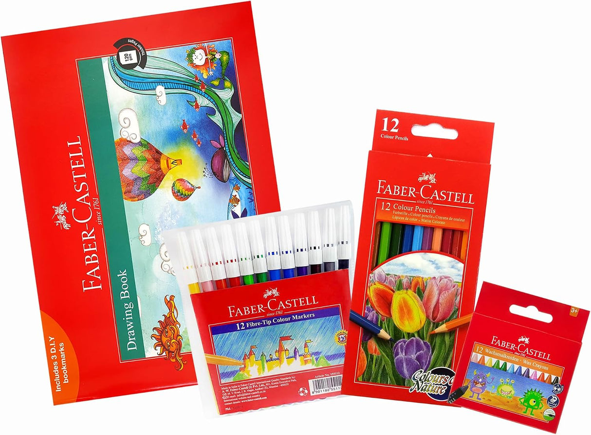 Faber-Castell Creative Art Set – Drawing Book A4 + 12 Colour Pencils + 12 Fibre-Tip Markers + 12 Wax Crayons - Al Kabayel Discount CentreFaber-Castell Creative Art Set – Drawing Book A4 + 12 Colour Pencils + 12 Fibre-Tip Markers + 12 Wax CrayonsColor PencilsFABER-CASTELLAl Kabayel Discount Centre