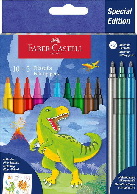 Faber-Castell Dinosaur Special Edition Felt Tip Pens – 10 + 3 Metallic Colors - Al Kabayel Discount CentreFaber-Castell Dinosaur Special Edition Felt Tip Pens – 10 + 3 Metallic ColorsColor PensFABER-CASTELLAl Kabayel Discount Centre
