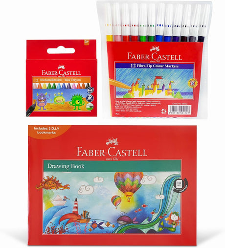 Faber - Castell Drawing Book A4 36pages + Washable Fibre Tip Pen 12 Colors. Washable Wax Crayons 12Colors, Draw color or decorate with this amazing set - Al Kabayel Discount CentreFaber - Castell Drawing Book A4 36pages + Washable Fibre Tip Pen 12 Colors. Washable Wax Crayons 12Colors, Draw color or decorate with this amazing setColor PencilsFABER - CASTELLAl Kabayel Discount Centre