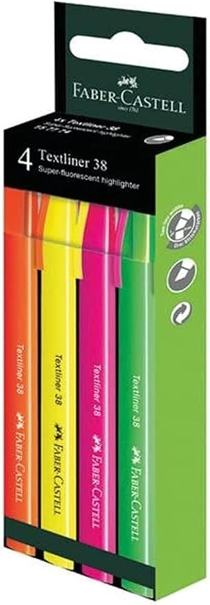Faber - Castell Faber Castell Textliner 38 Highlighter 4 - Pieces, Multicolor - Al Kabayel Discount CentreFaber - Castell Faber Castell Textliner 38 Highlighter 4 - Pieces, MulticolorPens, Pencils & MarkersFABER - CASTELLAl Kabayel Discount Centre