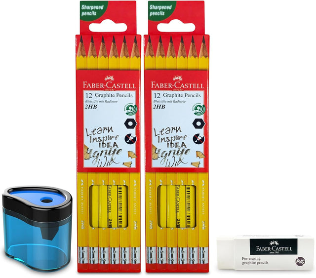 Faber-Castell School Utilities Bundle – 2HB Graphite Pencils 24Pc + Dust-Free Eraser + Pencil Sharpener (Assorted) - Al Kabayel Discount CentreFaber-Castell School Utilities Bundle – 2HB Graphite Pencils 24Pc + Dust-Free Eraser + Pencil Sharpener (Assorted)Pens, Pencils & MarkersFABER-CASTELLAl Kabayel Discount Centre