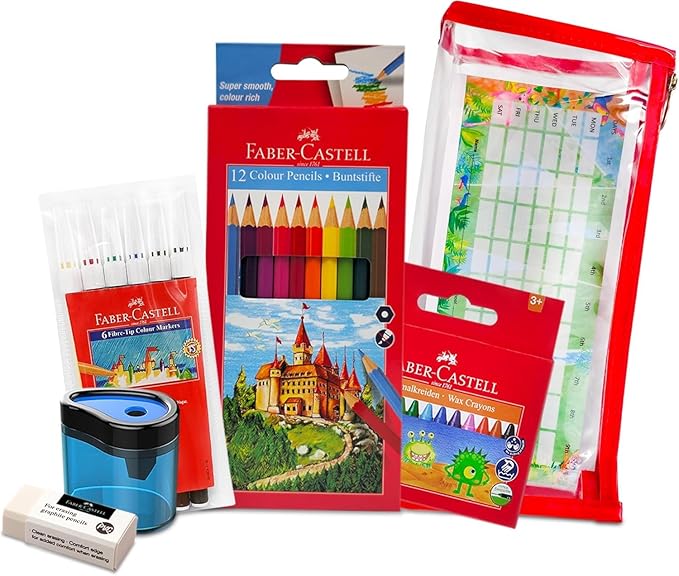FABER CASTELL Stationery Colouring Kit, Color pencils 12+Color pen 6+ Wax Crayons 12+Eraser+Sharpener+ Clear Pouch - Al Kabayel Discount CentreFABER CASTELL Stationery Colouring Kit, Color pencils 12+Color pen 6+ Wax Crayons 12+Eraser+Sharpener+ Clear PouchPens, Pencils & MarkersFABER CASTELLAl Kabayel Discount Centre